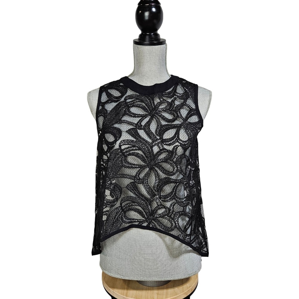 DAZY Black Sheer Floral Bow Lace High Low Sleeveless Top Small Coquette Romantic